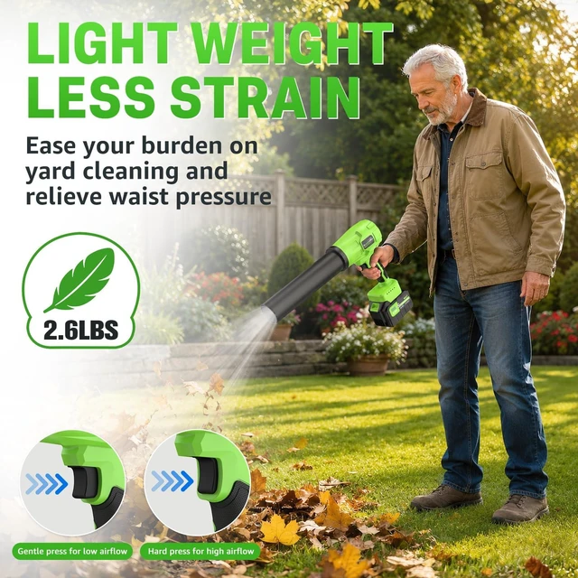 Alt view image 4 of 7 - Brushless Leaf Blower Cordless with 2 Batteries and Charger (Green) | Lightweight, Small Electric Handheld Blower with Variable Speed for Lawn Care, Patio, Yard, Garage, Leaves & Dust Cleaning