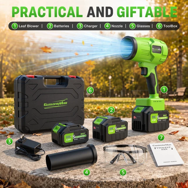 Alt view image 6 of 7 - Brushless Leaf Blower Cordless with 2 Batteries and Charger (Green) | Lightweight, Small Electric Handheld Blower with Variable Speed for Lawn Care, Patio, Yard, Garage, Leaves & Dust Cleaning