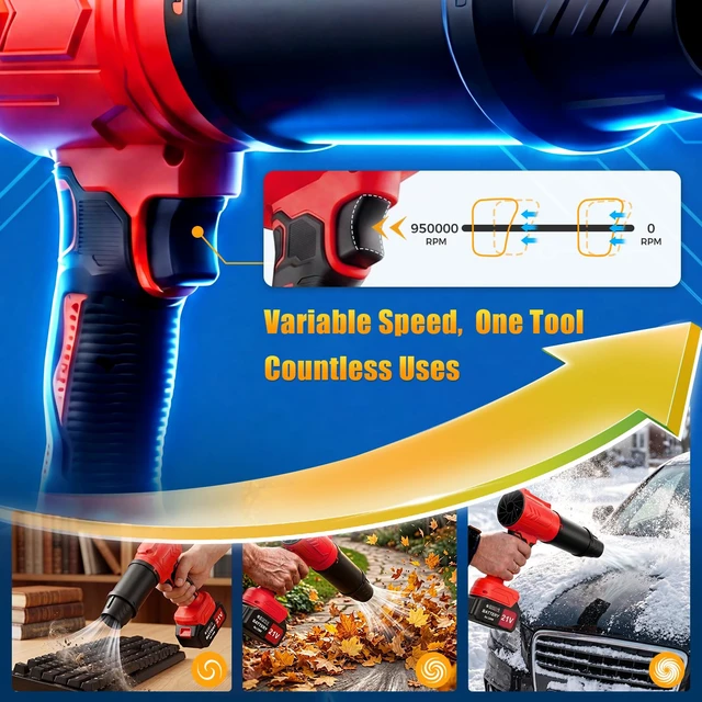 Alt view image 4 of 7 - 950000RPM Leaf Blower Cordless with 2 x 4.0Ah Batteries, 2 Extended Nozzles | Handheld Blowers for Lawn Care, Snow, Yard Cleaning, Lightweight Leaf Blowers, Variable Speed Portable Dust Blowers - Red