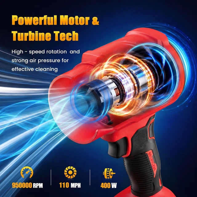Alt view image 2 of 7 - 950000RPM Leaf Blower Cordless with 2 x 4.0Ah Batteries, 2 Extended Nozzles | Handheld Blowers for Lawn Care, Snow, Yard Cleaning, Lightweight Leaf Blowers, Variable Speed Portable Dust Blowers - Red