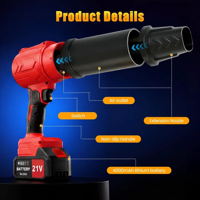 Alt view image 6 of 7 - 950000RPM Leaf Blower Cordless with 2 x 4.0Ah Batteries, 2 Extended Nozzles | Handheld Blowers for Lawn Care, Snow, Yard Cleaning, Lightweight Leaf Blowers, Variable Speed Portable Dust Blowers - Red