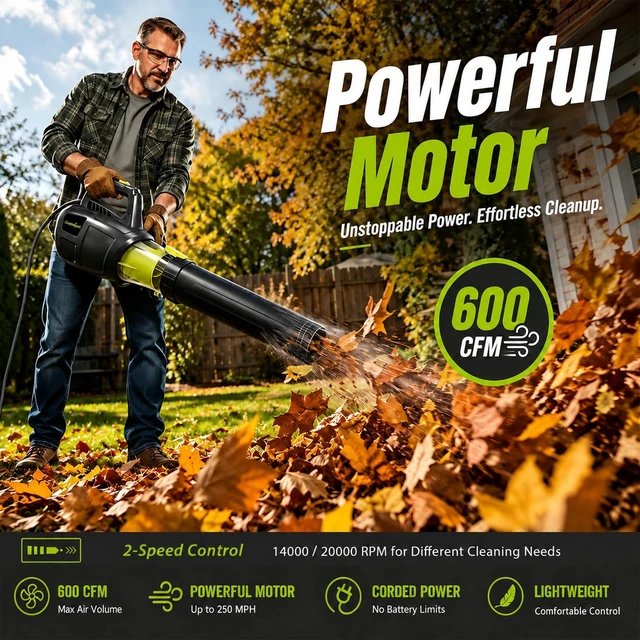 Alt view image 2 of 7 - Grasstigon 13A Electric Leaf Blower Corded, 600CFM / 250MPH, 2 Speed Modes | 120V Powerful Lightweight Handheld Blowers for Lawn Care, Patio Cleaning, Blowing Leaves, Dust (BLACK & GREEN)