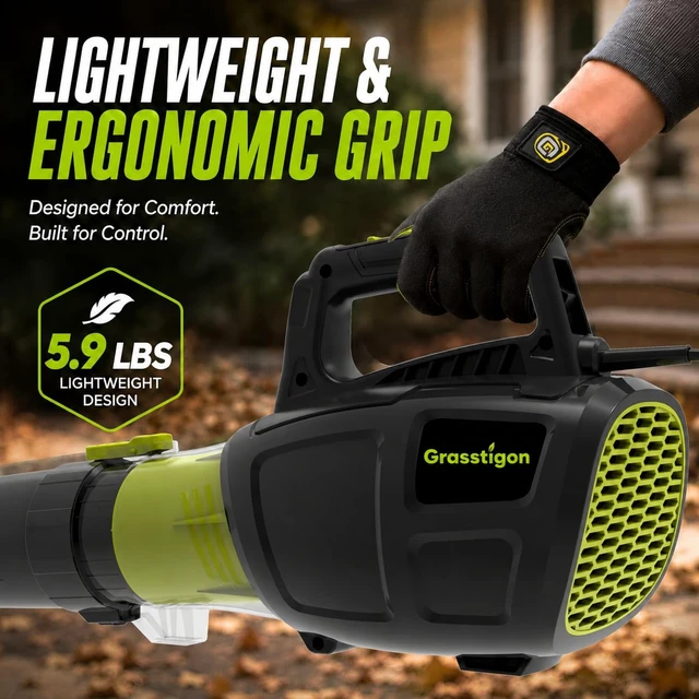 Alt view image 3 of 7 - Grasstigon 13A Electric Leaf Blower Corded, 600CFM / 250MPH, 2 Speed Modes | 120V Powerful Lightweight Handheld Blowers for Lawn Care, Patio Cleaning, Blowing Leaves, Dust (BLACK & GREEN)