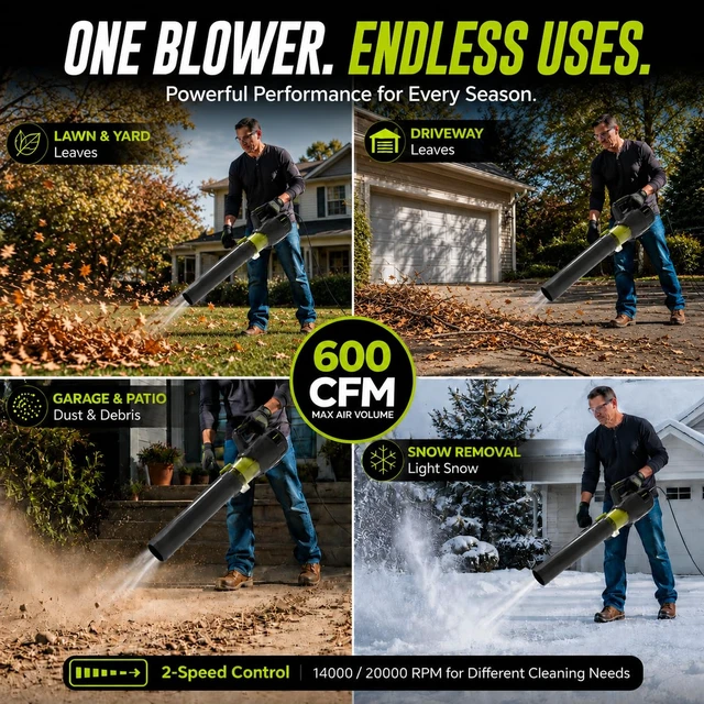 Alt view image 5 of 7 - Grasstigon 13A Electric Leaf Blower Corded, 600CFM / 250MPH, 2 Speed Modes | 120V Powerful Lightweight Handheld Blowers for Lawn Care, Patio Cleaning, Blowing Leaves, Dust (BLACK & GREEN)