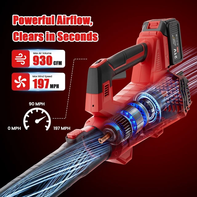 Alt view image 2 of 7 - 930CFM Electric Leaf Blower Cordless with 2 X 4.0 Batteries and Charger | Battery Powered Cordless Leaf Blower, 6 Speed Modes, Portable Lightweight Handheld Snow Blower for Lawn Care, Yard - Red