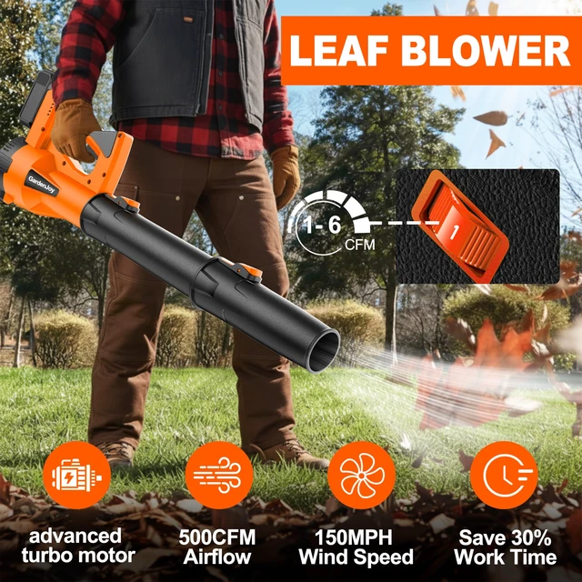 Alt view image 5 of 7 - Leaf Blower Cordless, 21V 500CFM 2x3.0Ah Batteries, 6 Speed Modes, Orange | 150MPH Powerful Electric Leaf Blower, Lightweight Handheld, for Lawn Care Leaves Dust Car Interior Patio Cleaning