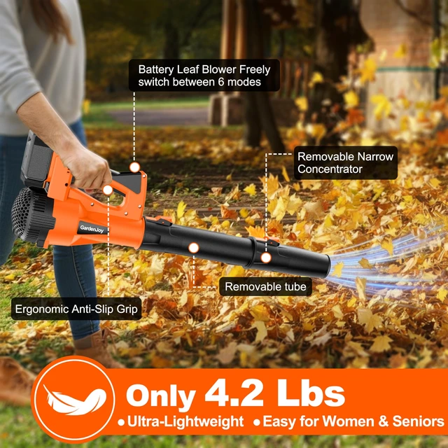 Alt view image 7 of 7 - Leaf Blower Cordless, 21V 500CFM 2x3.0Ah Batteries, 6 Speed Modes, Orange | 150MPH Powerful Electric Leaf Blower, Lightweight Handheld, for Lawn Care Leaves Dust Car Interior Patio Cleaning