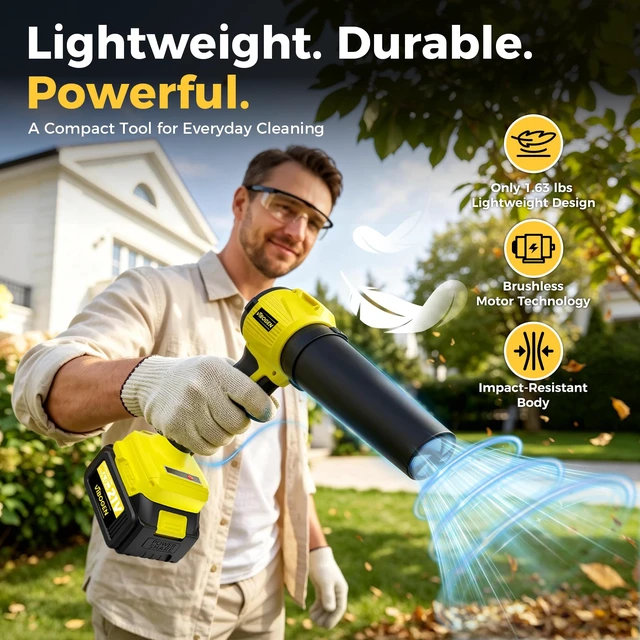 Alt view image 6 of 7 - Turbo-Powered Jet Blower Small Leaf Vacuum Cordless with Battery & Charger | Eletric Portable Ergonomic Handheld 300 CFM 150 MPH Blower - Dust Vacuuming Leaf Blowing Car Drying with 2x4000mAh