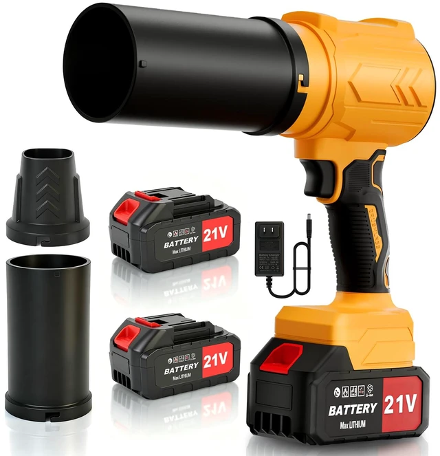 Main image of Electric Leaf Blower Cordless with Battery and Charger for Lawn Care, Yard | 2 x 4.0Ah Battery Powered Turbo Blower Handheld Lightweight Air Blower with 2 Extended Nozzle for Snow, Car Drying -Yellow
