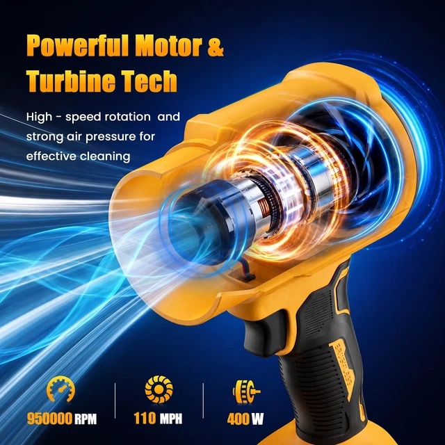 Alt view image 2 of 7 - Electric Leaf Blower Cordless with Battery and Charger for Lawn Care, Yard | 2 x 4.0Ah Battery Powered Turbo Blower Handheld Lightweight Air Blower with 2 Extended Nozzle for Snow, Car Drying -Yellow