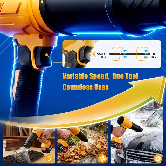 Alt view image 4 of 7 - Electric Leaf Blower Cordless with Battery and Charger for Lawn Care, Yard | 2 x 4.0Ah Battery Powered Turbo Blower Handheld Lightweight Air Blower with 2 Extended Nozzle for Snow, Car Drying -Yellow