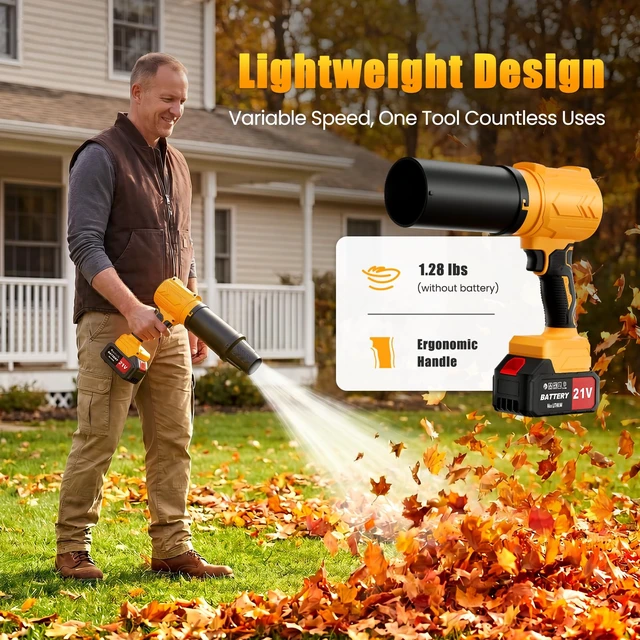 Alt view image 5 of 7 - Electric Leaf Blower Cordless with Battery and Charger for Lawn Care, Yard | 2 x 4.0Ah Battery Powered Turbo Blower Handheld Lightweight Air Blower with 2 Extended Nozzle for Snow, Car Drying -Yellow