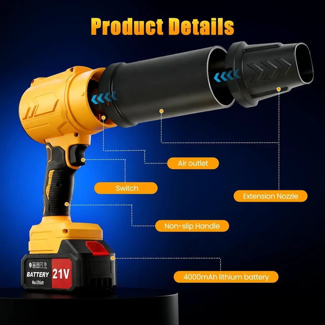 Alt view image 6 of 7 - Electric Leaf Blower Cordless with Battery and Charger for Lawn Care, Yard | 2 x 4.0Ah Battery Powered Turbo Blower Handheld Lightweight Air Blower with 2 Extended Nozzle for Snow, Car Drying -Yellow
