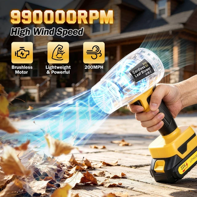 Alt view image 2 of 6 - Handheld 21V Cordless Leaf Blower, 990000 RPM, 2 Pack 6.0Ah Batteries | Lightweight Electric Blower with Fast Charger for Yard, Patio, Lawn Care, Clearing Leaves, Dust and Light Snow, Yellow