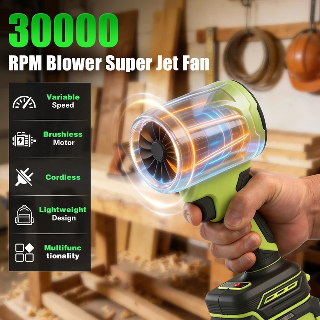 Alt view image 2 of 7 - Electric Cordless Leaf Blower with Battery and Charger, Mini Jet Dry Fan, Snow Blower, Ultra Lightweight Handheld Blower for Patio, Garden, Lawn Care, Garage, Car Blowing Water with Extended Nozzle