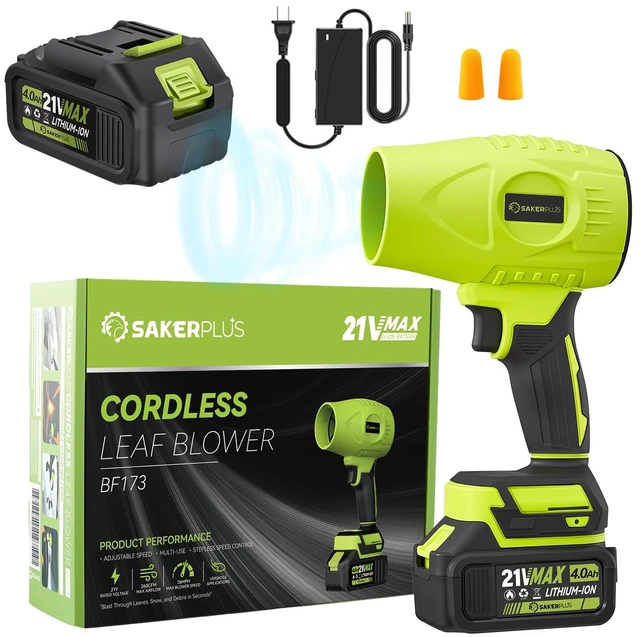 Main image of SakerPlus Cordless Leaf Blower,Portable Dust Cleaner with 2 Batteries, 21V 4.0Ah Electric Handheld Blower, 3-Speed Adjustable,Mini Lightweight Leaf Blower for Yard, Patio, Garage, Car (Green)