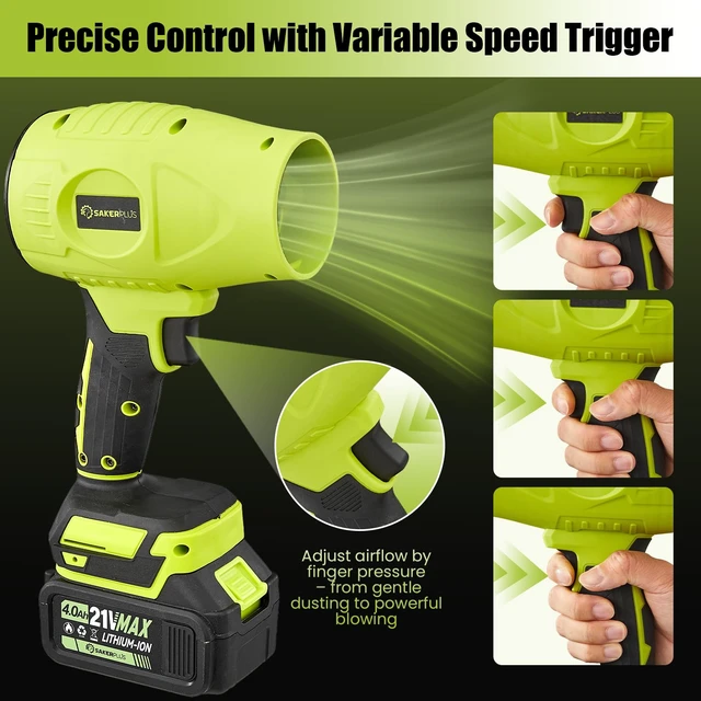 Alt view image 6 of 7 - SakerPlus Cordless Leaf Blower,Portable Dust Cleaner with 2 Batteries, 21V 4.0Ah Electric Handheld Blower, 3-Speed Adjustable,Mini Lightweight Leaf Blower for Yard, Patio, Garage, Car (Green)