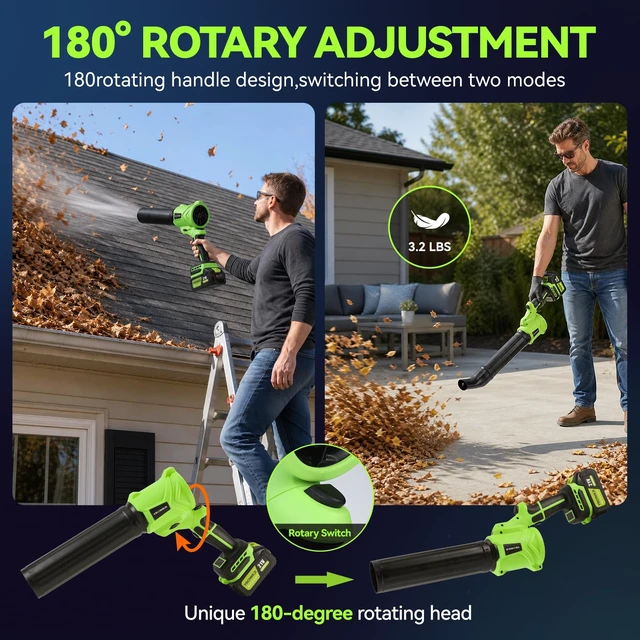 Alt view image 2 of 7 - Leaf Blower Cordless, 180° Rotating Handheld Electric Leaf Blower6 Speed ModesEquipped with 3 X 4.0ah Battery and Charger Portable Small Blowerfor Lawn Care,Leaves,Patio,Dust and Drying Cars-Green