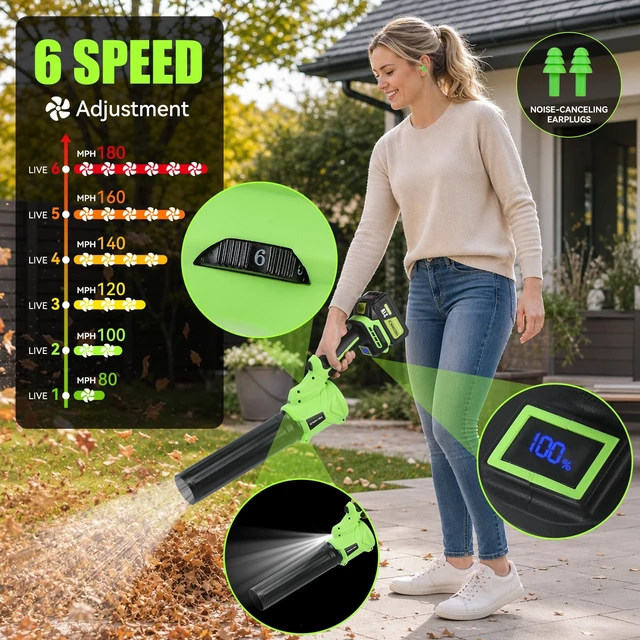 Alt view image 5 of 7 - Leaf Blower Cordless, 180° Rotating Handheld Electric Leaf Blower6 Speed ModesEquipped with 3 X 4.0ah Battery and Charger Portable Small Blowerfor Lawn Care,Leaves,Patio,Dust and Drying Cars-Green