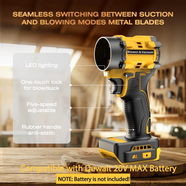 Alt view image 3 of 7 - Leaf Blower Cordless for Dewalt 20V Battery, 1300000RPM Lightweight Mini Leaf Blower Handheld Electric Leaf Blower, 2-in-1 Portable Blower &Vacuum for Lawn Dust/Snow Blowing (Not Battery