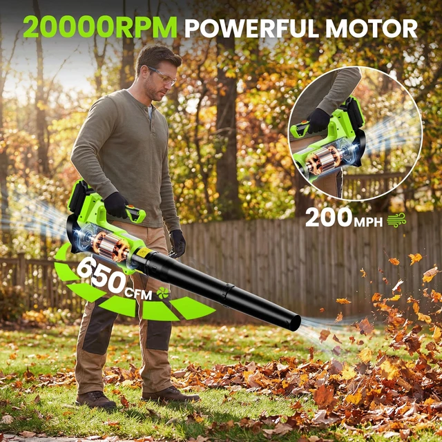 Alt view image 2 of 7 - 650 CFM Leaf Blower Cordless with 2 * 2.0Ah Batteries and Charger | 200 MPH 6 Speeds Electric Leaf Blower for Lawn Care, Yard, Patio & Driveway Cleanup, 3.4 Lbs Lightweight, Low Noise