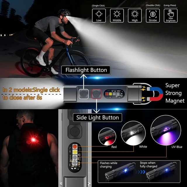 Alt view image 4 of 7 - SKYFIRE 2Pack EDC Magnetic Flashlight Rechargeable with Electric Lighter | Clip,Mini Flash Lights with UV Red,White LED Light Pocket Flashlights,1000lm for Outdoors Indoor Work