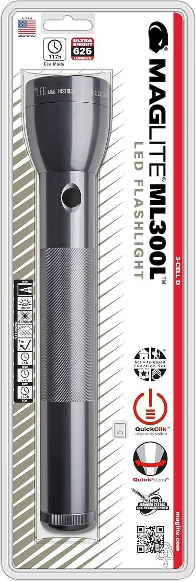 Main image of MagLite® ML300L 3D LED Flashlight, Multi-Mode, Focusing Beam, Gray | Runs up to 298 hours on Eco, 112 hours on Low or 32 hours on High; 746 lumens and four activity-based function sets.