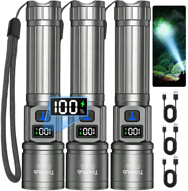 Main image of TrixHub Rechargeable Flashlight Super Bright Flashlight 3 Pack (Titanium) | LCD Digital Display, 5 Modes, USB C Charging, Zoomable Linternas, Powerful Handheld Flashlights for Home Emergencies Camping