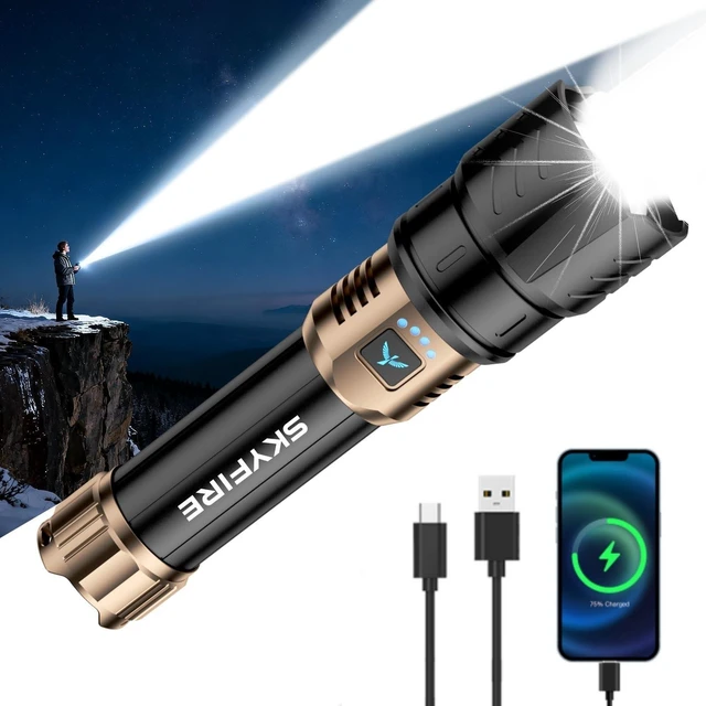 Main image of SKYFIRE Rechargeable Flashlights High Lumens,10000 Super Bright Flashlight Zoomable 4Modes Waterproof LED Tactical Flash Light for Camping Essentials,Outdoor and Home Emergencies-No Lens