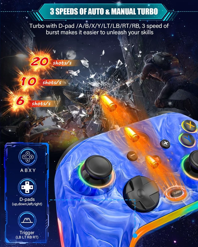 Alt view image 6 of 7 - Wireless Switch Pro Controllers for Nintendo Switch/OLED/Lite/Switch 2 | 1200mAh Rechargeable Switch Controller, Switch Control with Vibration, Turbo, Wake Up, Motion Control, 10 Color LED Lights