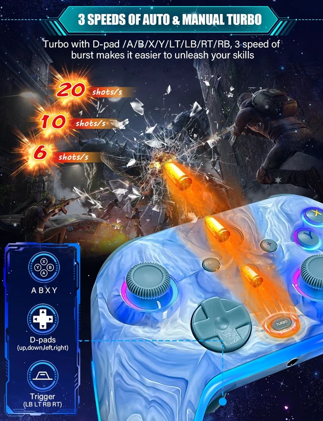 Alt view image 6 of 7 - ZRZLMVP Wireless Switch Controller for Nintendo Switch/OLED/Lite/Switch 2 | 1200mAh Pro Switch Controllers with 10 Color LED Lights, Rechargeable Switch Control with Vibration,6-Axis Gyro,Turbo