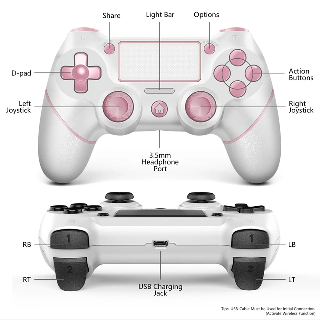 Alt view image 2 of 7 - AceGamer 2 Pack for PS4 Controller, Wireless Controller for PS4/Pro/Slim/PC, with Non-Slip Grip of Both Sides,3.5mm Audio Jack and USB-C Cable! (Pink and White)