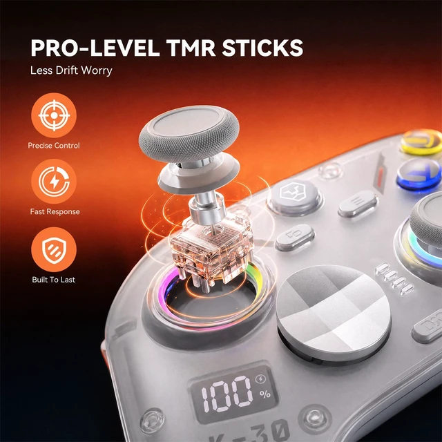 Alt view image 2 of 7 - Aolion gaming K30 Wireless Controller, TMR Joysticks (No Drift), White | TMR Anti-Drift Sticks, Dual-Mode Hall Triggers, 1000Hz Polling, Back Buttons, RGB, Wired/2.4G/Bluetooth