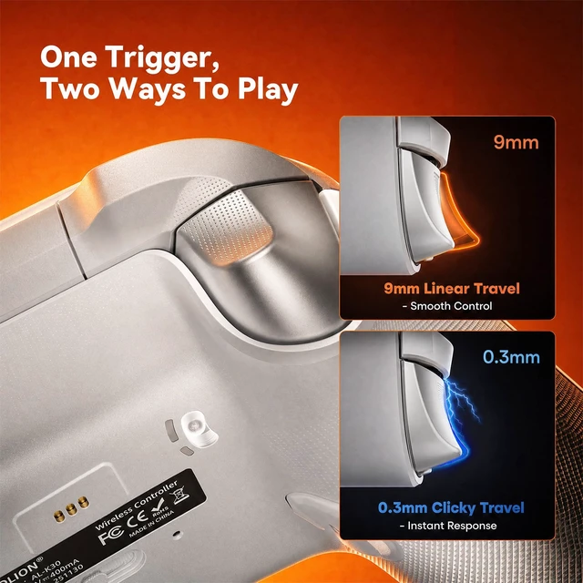 Alt view image 4 of 7 - Aolion gaming K30 Wireless Controller, TMR Joysticks (No Drift), White | TMR Anti-Drift Sticks, Dual-Mode Hall Triggers, 1000Hz Polling, Back Buttons, RGB, Wired/2.4G/Bluetooth