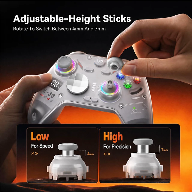 Alt view image 5 of 7 - Aolion gaming K30 Wireless Controller, TMR Joysticks (No Drift), White | TMR Anti-Drift Sticks, Dual-Mode Hall Triggers, 1000Hz Polling, Back Buttons, RGB, Wired/2.4G/Bluetooth