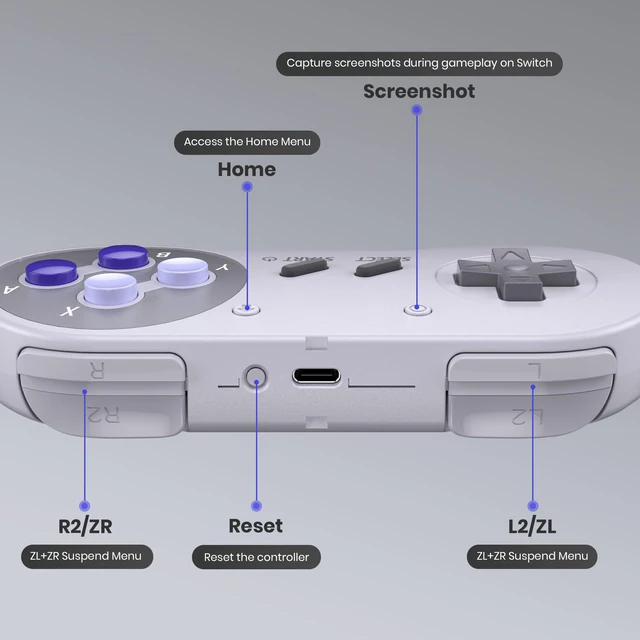 Alt view image 6 of 7 - 2 Pack Wireless USB SNES Controller for Switch 1/2, Windows PC, Mac(Purple) | (Rechargeable), (Plug & Play), (Ultra-Low Latency 2.4GHz Receiver), Compatible with Switch Online / Switch OLED