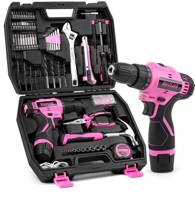 Main image of DIFFLIFE 147 Piece Pink Power Drill Drivers Tool Set, 12V Cordless