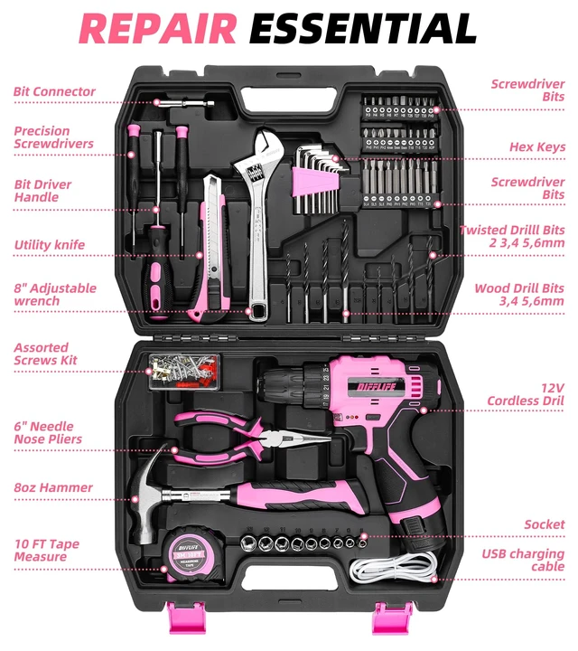 Alt view image 2 of 6 - DIFFLIFE 147 Piece Pink Power Drill Drivers Tool Set, 12V Cordless