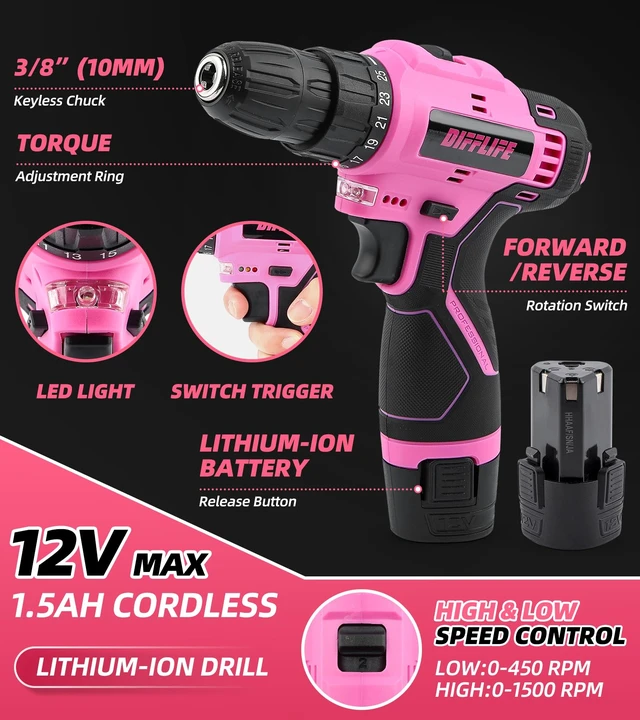 Alt view image 3 of 6 - DIFFLIFE 147 Piece Pink Power Drill Drivers Tool Set, 12V Cordless