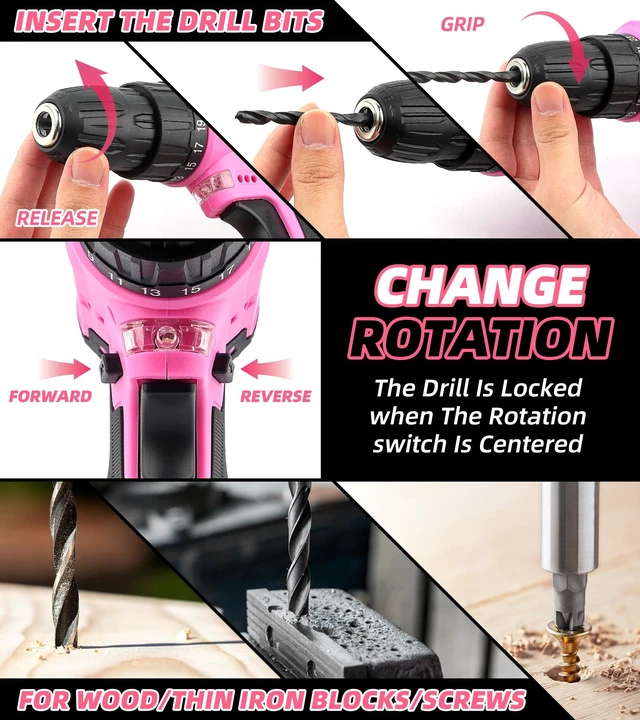 Alt view image 4 of 6 - DIFFLIFE 147 Piece Pink Power Drill Drivers Tool Set, 12V Cordless