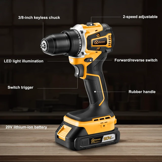 Alt view image 2 of 7 - 20V Cordless Drill and Screwdriver Kit with 2 Batteries, 40Nm Max Torque, 2-Speed Gearbox, 3/8" Keyless Chuck, and LED Light for Home DIY Projects,Brushless Drill Set