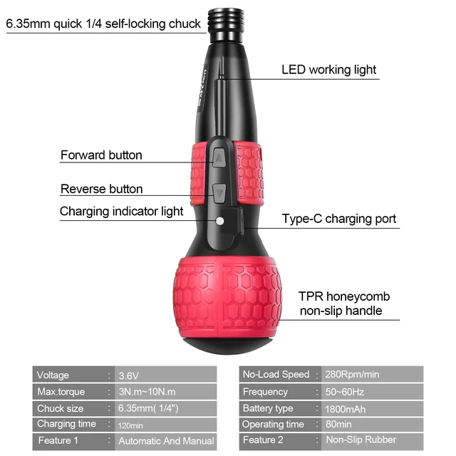 Alt view image 3 of 7 - 3.6V Cordless Electric Screwdriver, 3N.m Torque, LED Light,1800mAh, S2 Bits | 2 in 1 mini screwdriver delivers 3N.m torque,LED light,S2 bits,powered by 1800mAh rechargeable battery for home