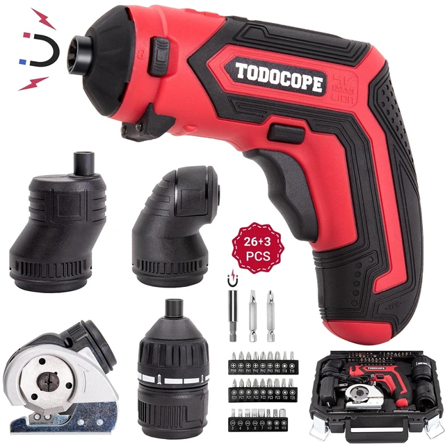 Main image of TODOCOPE 4 in 1 Electric Screwdriver Cordless, 4V MAX 1500mAh Li-ion Cordless Screwdriver Rechargeable, with 4 Multi-function Attachment and Charger