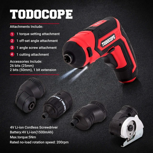 Alt view image 5 of 6 - TODOCOPE 4 in 1 Electric Screwdriver Cordless, 4V MAX 1500mAh Li-ion Cordless Screwdriver Rechargeable, with 4 Multi-function Attachment and Charger