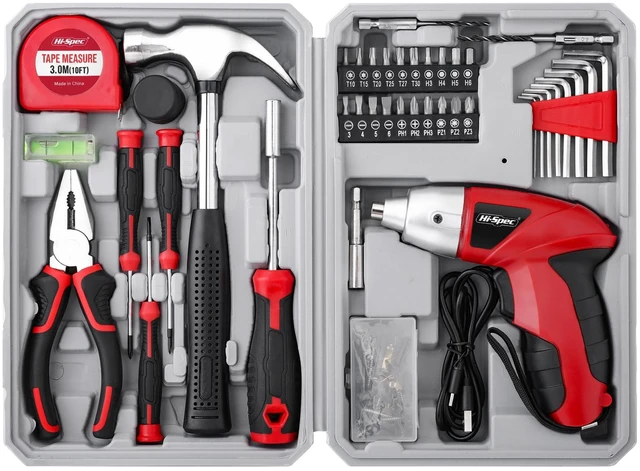 Main image of Hi-Spec 4V USB Electric Screwdriver Tool Kit for Home Repairs, Red | 42pc, fast assembly help, common screw bit selection, LED visibility, compact grip, quick household fixes, organized storage