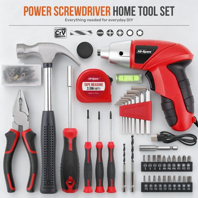 Alt view image 2 of 7 - Hi-Spec 4V USB Electric Screwdriver Tool Kit for Home Repairs, Red | 42pc, fast assembly help, common screw bit selection, LED visibility, compact grip, quick household fixes, organized storage