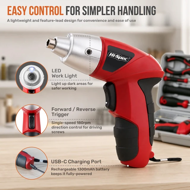 Alt view image 3 of 7 - Hi-Spec 4V USB Electric Screwdriver Tool Kit for Home Repairs, Red | 42pc, fast assembly help, common screw bit selection, LED visibility, compact grip, quick household fixes, organized storage