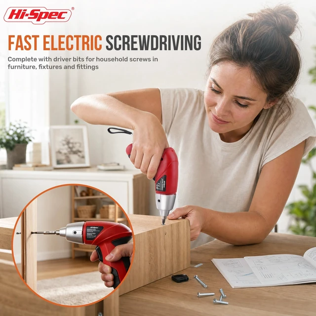 Alt view image 4 of 7 - Hi-Spec 4V USB Electric Screwdriver Tool Kit for Home Repairs, Red | 42pc, fast assembly help, common screw bit selection, LED visibility, compact grip, quick household fixes, organized storage
