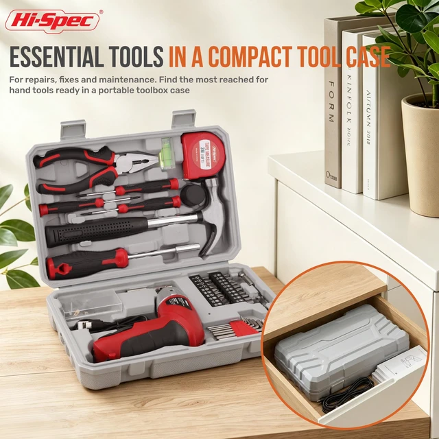 Alt view image 7 of 7 - Hi-Spec 4V USB Electric Screwdriver Tool Kit for Home Repairs, Red | 42pc, fast assembly help, common screw bit selection, LED visibility, compact grip, quick household fixes, organized storage