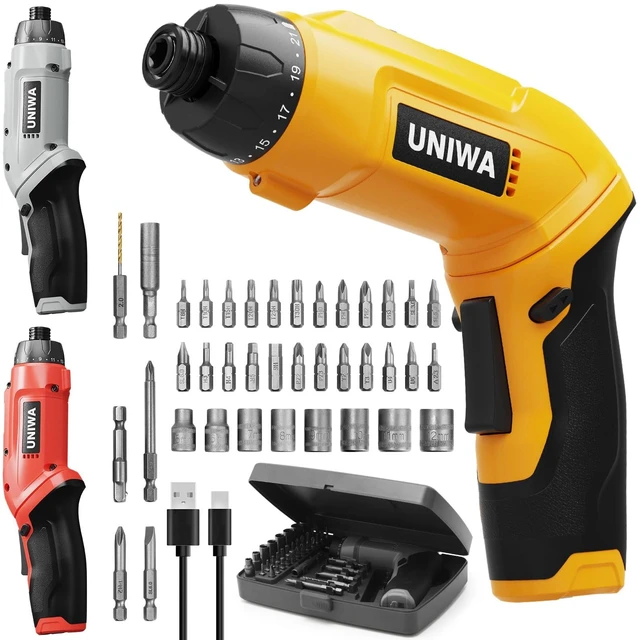 Main image of UNIWA Cordless Electric Screwdriver Rechargeable-650 RPM Power Drill-Yellow | 38Pcs S2 Steel Bits, 21+1 Torque Settings, Max 7.1N.m, 3.6V Small Drill Cordless LED Light, 2000mAh, 2 Pivoting Handle